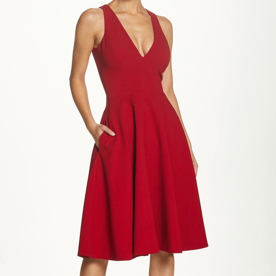 Dress The Population | Red Garnet Catalina V-Neckline Crepe Midi Dress